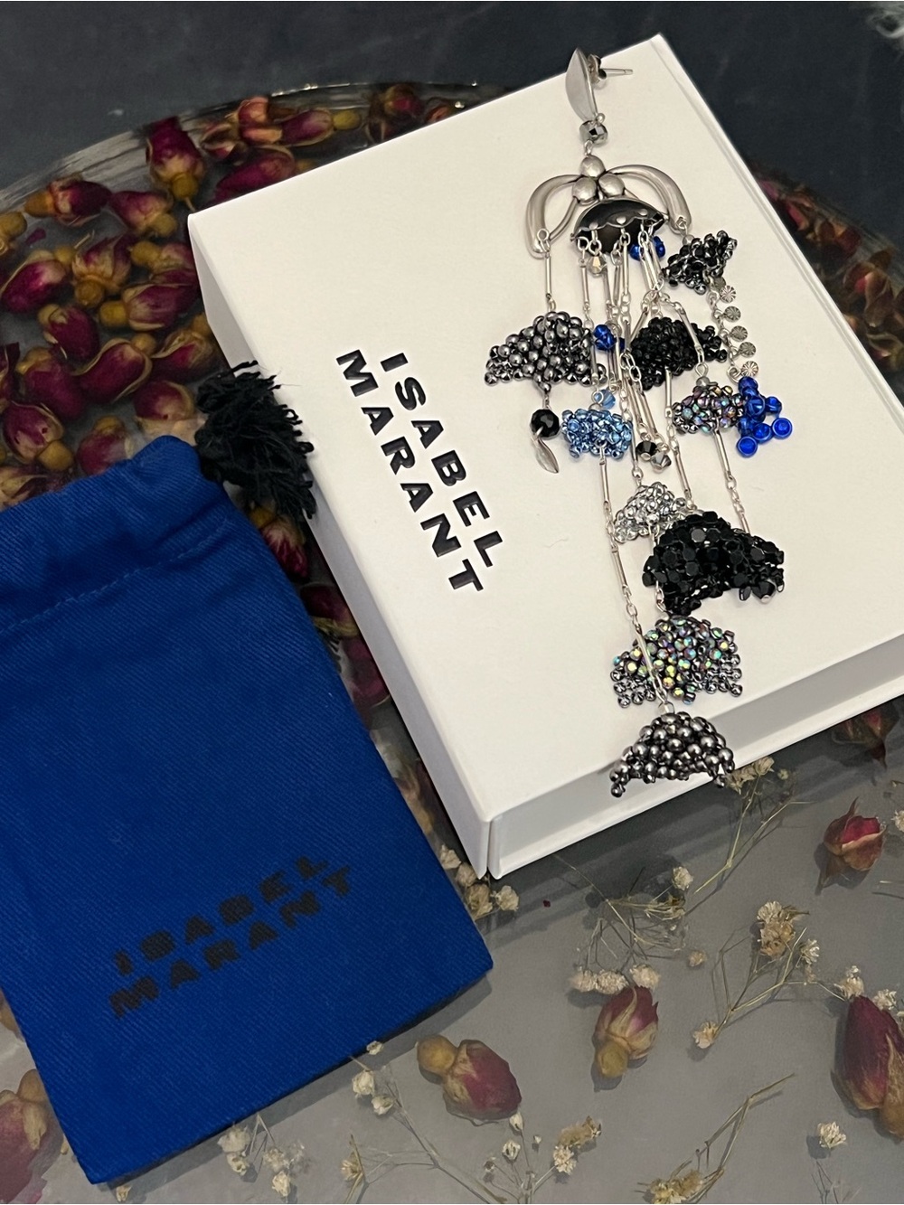 Isabel Marant Black, Blue & Silver Beaded Cascading Single Earring New!